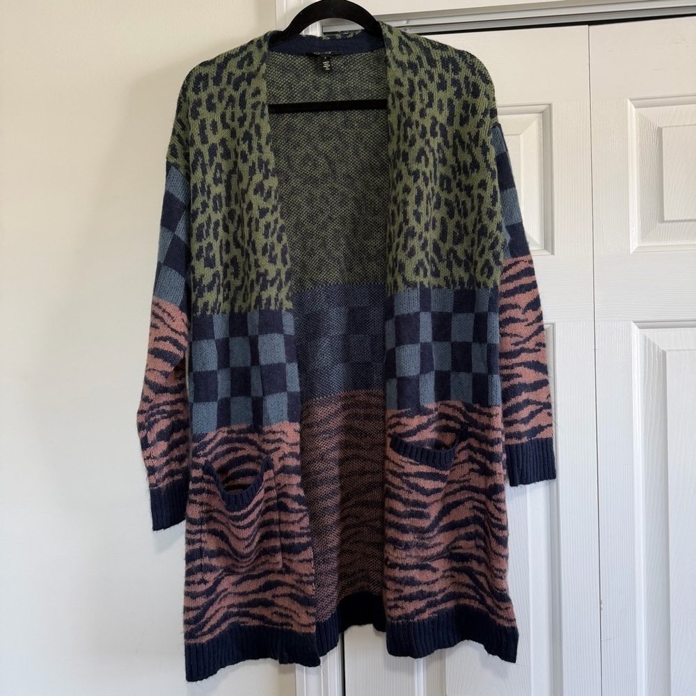 Jessica Simpson Open Front Cardigan Sweater Animal Print Checkered Size Small